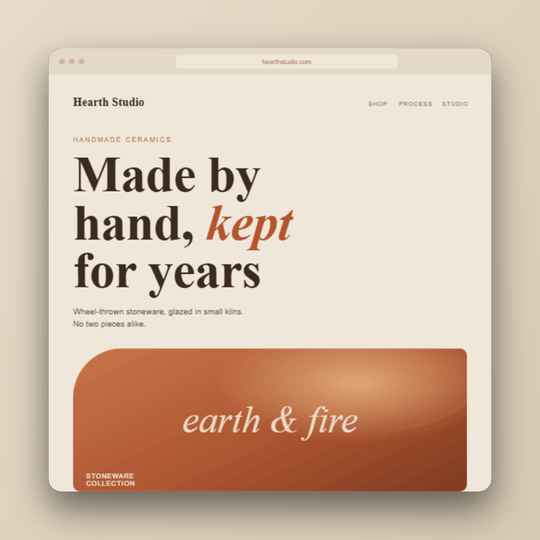 Hearth Studio ceramics website mockup
